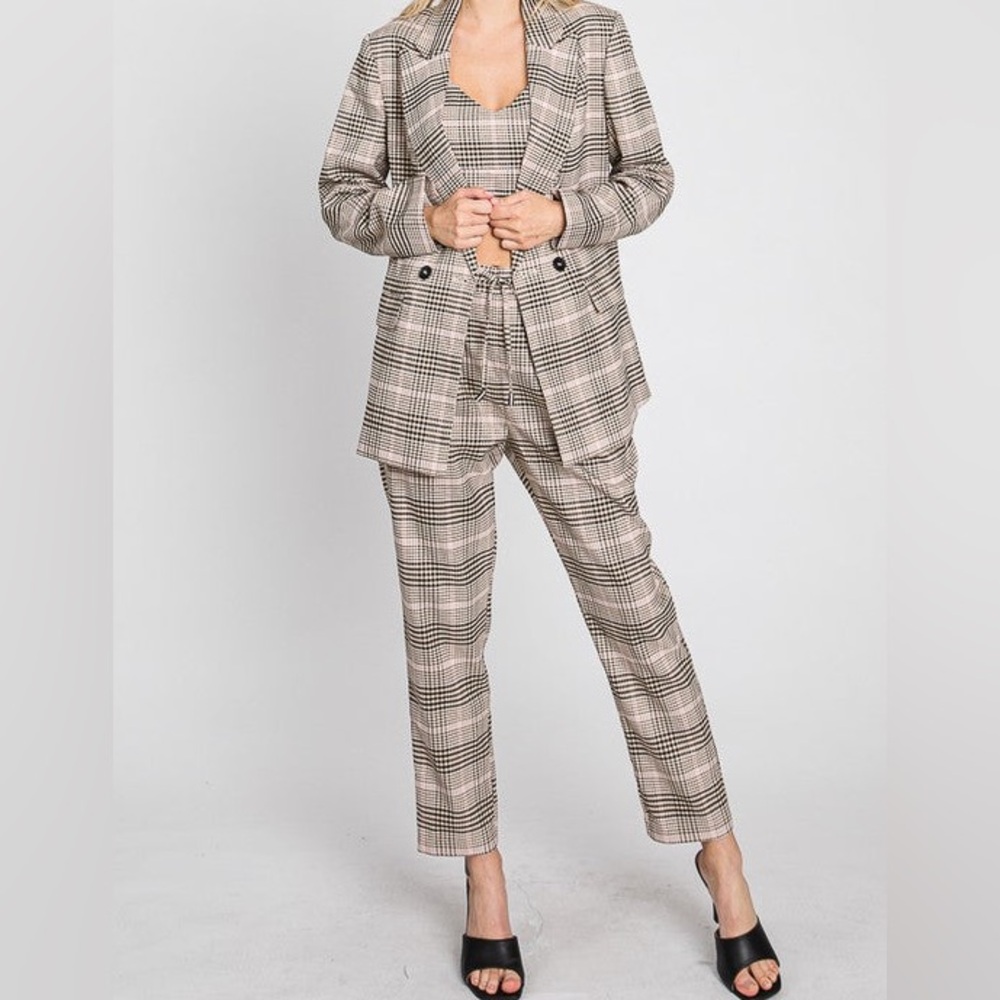 GeeGee Wall Street Full Size Bra, Blazer, and Pants Set in Tan Plaid